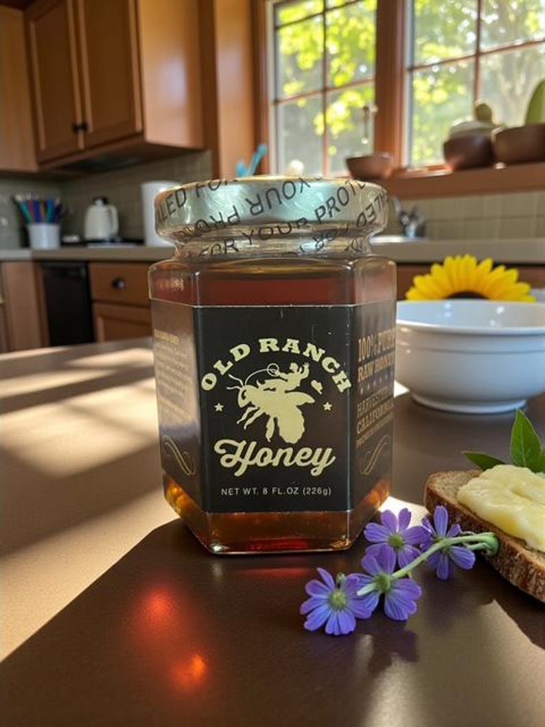 Puede incluir: Un tarro de miel Old Ranch, con una etiqueta negra y dorada, sobre una superficie marr&oacute;n. La etiqueta presenta una ilustraci&oacute;n de abeja y el texto "Honey". El tarro contiene 226g de miel. Flores moradas y una rebanada de pan con mantequilla en primer plano.