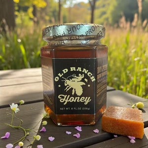 Puede incluir: Un tarro de miel Old Ranch, 226g, con un gr&aacute;fico de abeja. La miel es de color &aacute;mbar y se encuentra sobre una superficie de madera con un trozo de comida naranja-marr&oacute;n. El fondo est&aacute; borroso con follaje verde.