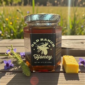 Puede incluir: Un tarro de miel Old Ranch, 226g, se muestra con un trozo de panal y flores moradas. La etiqueta presenta una ilustraci&oacute;n de abeja. El fondo muestra una escena soleada al aire libre.