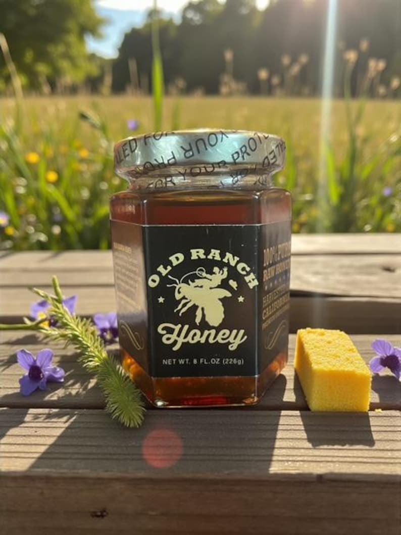Puede incluir: Un tarro de miel Old Ranch, 226g, se muestra con un trozo de panal y flores moradas. La etiqueta presenta una ilustraci&oacute;n de abeja. El fondo muestra una escena soleada al aire libre.