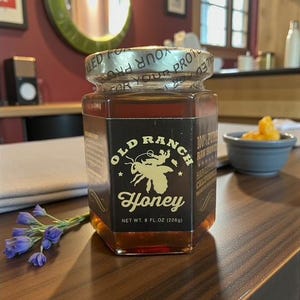 Puede incluir: Un tarro hexagonal de vidrio de miel Old Ranch, que contiene miel de color &aacute;mbar. La etiqueta presenta una ilustraci&oacute;n de abeja y el texto "Honey, Net Wt. 8 fl oz (226g)". El tarro est&aacute; sellado y sobre una superficie de madera.