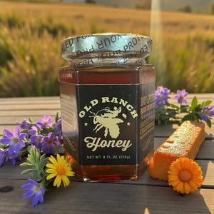 Puede incluir: Un tarro de miel Old Ranch, con un logotipo de abeja, se muestra. La etiqueta dice "100% Pure Raw Honey". El tarro est&aacute; junto a un trozo de pastel de naranja y flores. El peso neto es de 226 g.