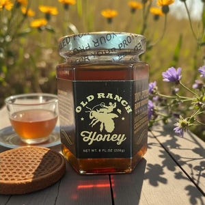 Puede incluir: Un tarro de miel Old Ranch, con un gr&aacute;fico de abeja, est&aacute; sobre una superficie de madera. El tarro contiene 226g de miel. Una taza de t&eacute; y una galleta est&aacute;n al lado del tarro. Flores silvestres amarillas y azules en el fondo.
