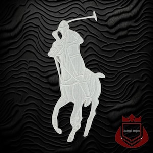 May include: White embroidered logo of a polo player on a horse, holding a mallet, against a textured black background. The logo is a classic equestrian design. The image also includes the text "Naimal impex" in a red crest.