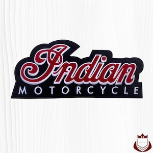 May include: Embroidered patch featuring the words "Indian MOTORCYCLE" in a stylized design. The word "Indian" is in red script with white trim, set against a black background. The word "MOTORCYCLE" is in white block letters.