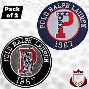 May include: Two circular embroidered patches. One features a red and white letter "P" with stars, the other shows a polo player. Both have "POLO RALPH LAUREN 1967" around the edge. The text "Pack of 2" is in the upper left corner.
