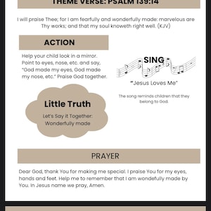 May include: A two-page devotional guide with the title "Day 1: God Made Me" and "Day 2: God Loves Me." The first page includes a Bible verse, an activity, a "Little Truth" section, and a prayer. The second page also includes a Bible verse, an activity, and a song.