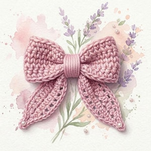 May include: A dusty pink crochet bow featuring a textured yarn construction with a wrapped center knot. The bow has two pointed, open-stitch tails, each accented with a small white pearl at the tip, set against a watercolor illustration of lavender.