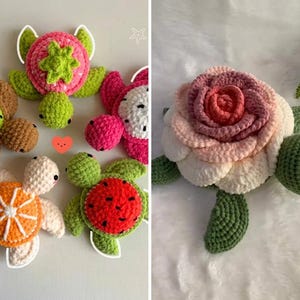 May include: A collection of six crocheted turtle figures. Five small turtles feature shells patterned like kiwi, strawberry, dragon fruit, orange, and watermelon. One large turtle features a shell shaped like a layered pink and white rose.