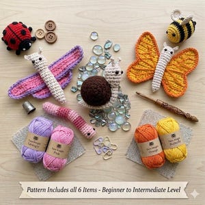 May include: A collection of crochet items including a red ladybug, a pink and purple butterfly, a brown and beige snail, a yellow and black bee, and a pink worm. Includes four yarn skeins, three wooden buttons, a thimble, and a crochet hook.
