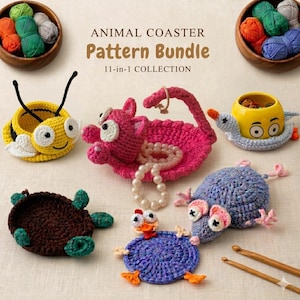 11-in-1 Tier Untersetzer Häkelanleitungen PDF Bundle, Pop-Up Becher Teppich, Amigurumi Tassenhalter, niedliche lustige Untersetzer