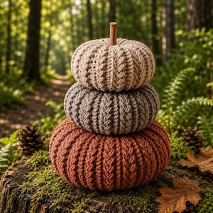 May include: A stack of three crocheted pumpkins in varying sizes and colors. The top pumpkin is beige, the middle is gray, and the bottom is rust orange. Each pumpkin features a textured cable knit pattern and a small, vertical brown wooden stem.