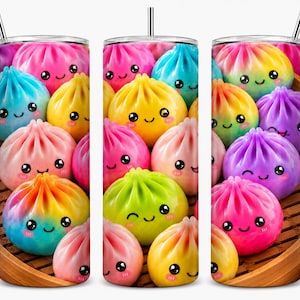 May include: A cylindrical stainless steel tumbler with a metal straw, featuring a repeating pattern of colorful, smiling steamed bun characters in shades of pink, blue, yellow, purple, and green, set against a wooden bamboo steamer background.