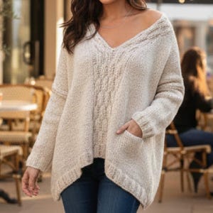 Sloppy Joe Oversized Strickmuster, einfacher Zopfmuster mit V-Ausschnitt, Grobstrick Pullover Design für Anfänger, Größen S-L, sofort PDF Download