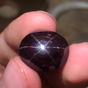 Può includere: Una gemma cabochon rosso scuro intenso con una superficie liscia, lucida e arrotondata. La pietra presenta un distinto motivo a stella a sei punte, noto come asterismo, che appare come linee bianche che si incrociano.