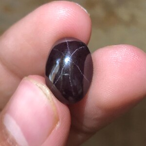 May include: A dark purple, oval-shaped cabochon gemstone featuring a distinct six-rayed star pattern across its polished surface. The stone exhibits a deep, saturated color with a smooth, rounded top that reflects light, highlighting the star effect.