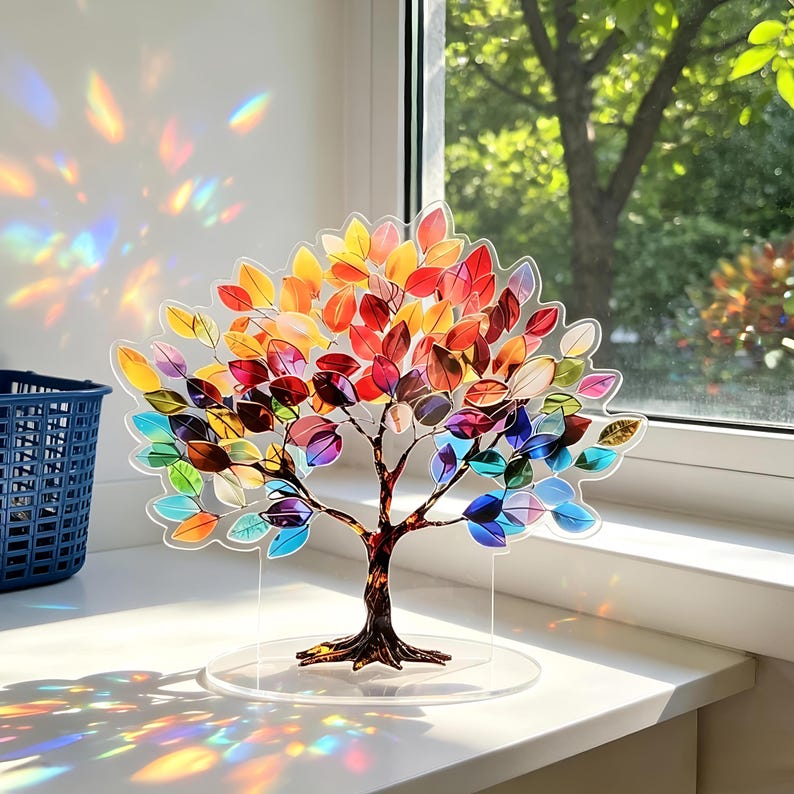 Op de afbeelding: Een decoratieve boomsculptuur met kleurrijke bladeren in tinten rood, oranje, geel, groen, blauw en paars. De boom heeft een bruine stam en takken en staat op een heldere, ronde basis. De bladeren zijn doorschijnend.