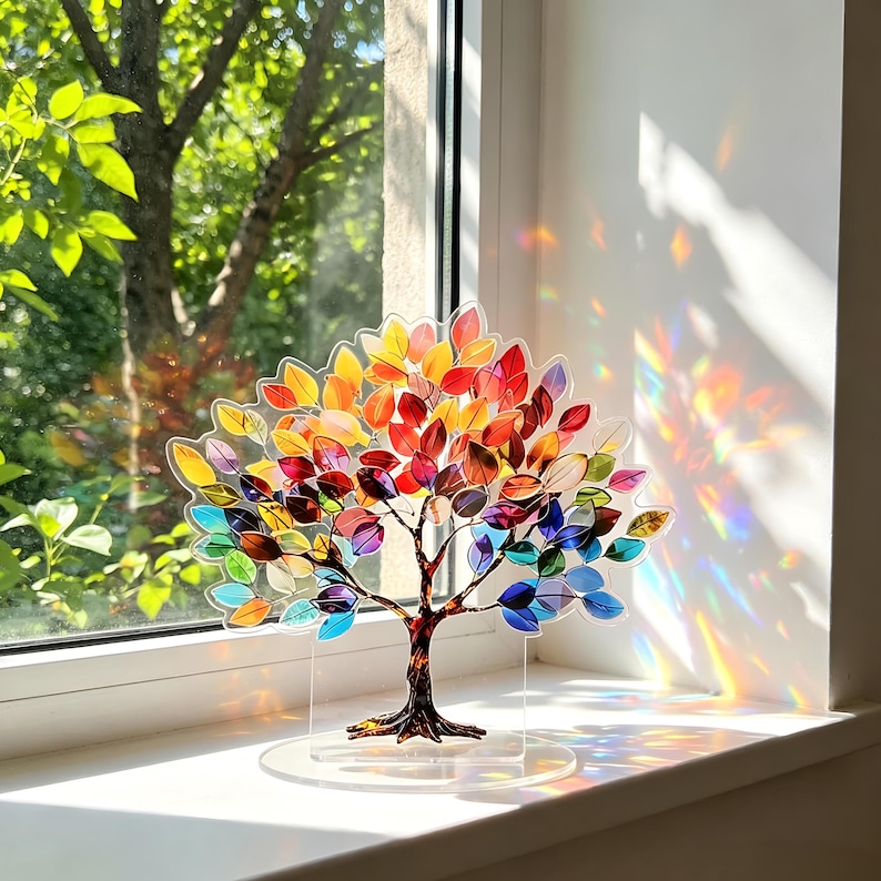 Op de afbeelding: Een kleurrijke, decoratieve boomsculptuur met een heldere basis en een gedetailleerde, bruine stam. De bladeren zijn een levendige mix van rood, oranje, geel, groen en blauw. De boom staat op een vensterbank.