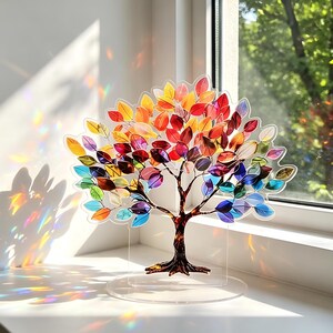 Op de afbeelding: Een decoratieve boomsculptuur met een heldere basis en een kleurrijke reeks bladeren. De bladeren gaan over van geel naar rood, paars en blauw. De boomstam is bruin en de sculptuur staat bij een raam.