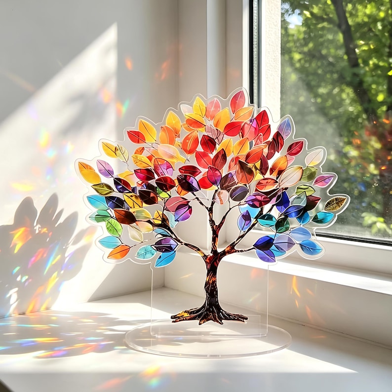 Op de afbeelding: Een decoratieve boomsculptuur met een heldere basis en een kleurrijke reeks bladeren. De bladeren gaan over van geel naar rood, paars en blauw. De boomstam is bruin en de sculptuur staat bij een raam.