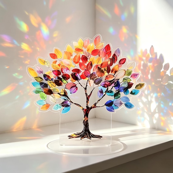 Rainbow Tree of Life Acrylic Suncatcher Stand | Window Sill Light Catcher Decor,gift for her,Mothers Day Gift,Gift for grandma,Gift for Kids