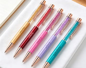 Aangepaste naam met kristallen gevulde pen, luxe roségouden metalen pen, gepersonaliseerd cadeau voor haar, afstudeer- en bureauaccessoire