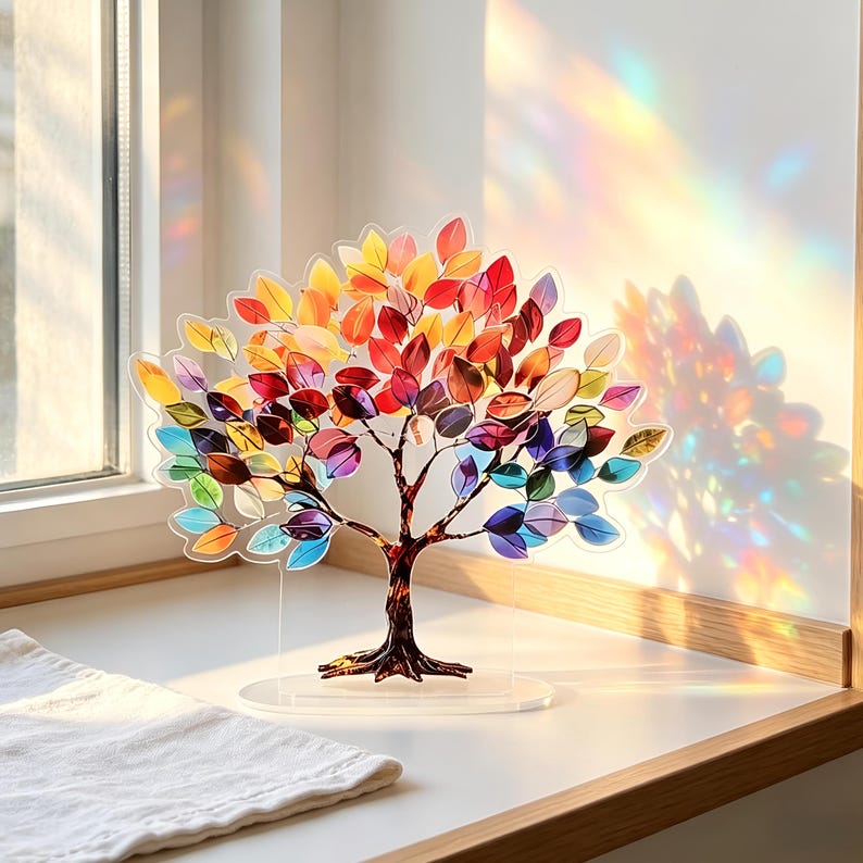 Op de afbeelding: Een decoratieve boomsculptuur met een heldere basis en kleurrijke bladeren. De bladeren zijn een mix van rood, oranje, geel, groen, blauw en paars. De boomstam is bruin en de bladeren zijn gemaakt van een doorschijnend materiaal.