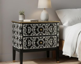 Mesita de noche artesanal con incrustaciones de hueso, mesita de noche con cajones, mesa auxiliar artesanal con incrustaciones florales, mesa auxiliar negra de lujo, muebles de dormitorio modernos