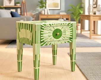 Handcrafted Bone Inlay Bedside Table with Marble Top, 2 Drawer Nightstand, Luxury Sunburst End Table, Handmade Art Deco Side Table.