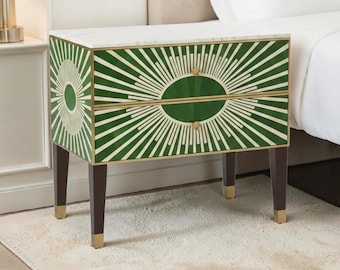 Handcrafted Bone Inlay Bedside Table with Marble Top, 2 Drawer Nightstand, Luxury Sunburst End Table, Handmade Art Deco Side Table.