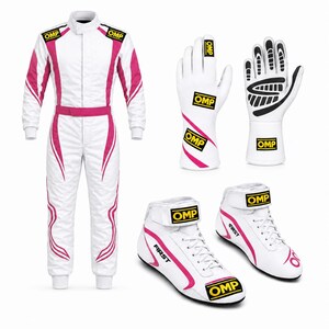 May include: A white racing suit with pink accents and OMP branding, a pair of white racing gloves with black palm grips and OMP logos, and a pair of white racing shoes with pink details, laces, and OMP labels on the straps and toes.