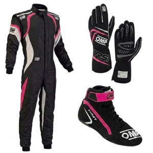 May include: A black racing suit with pink and white accents, featuring the OMP logo. Included are a pair of black racing gloves with pink detailing and the OMP logo, and a black racing shoe with pink trim, a strap, and the OMP and FIRST branding.