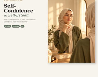 May include: A digital guide titled AQSNA Premium Guide: Self-Confidence & Self-Esteem, The 30-Day Protocol to Build Unshakeable Confidence from the Inside Out. The image features a person wearing a beige hijab and olive green top looking in a mirror.