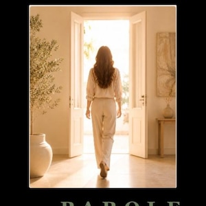 May include: A person with long brown hair wearing a light beige long-sleeved shirt and matching trousers walking through an open doorway towards bright light. To the left, a tall potted plant sits in a large white ceramic vase. Text reads P.A.R.O.L.E.
