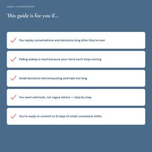 May include: A blue informational graphic titled This guide is for you if... featuring five white horizontal bars. Each bar contains a red checkmark and text describing personal challenges, including replaying conversations and difficulty sleeping.