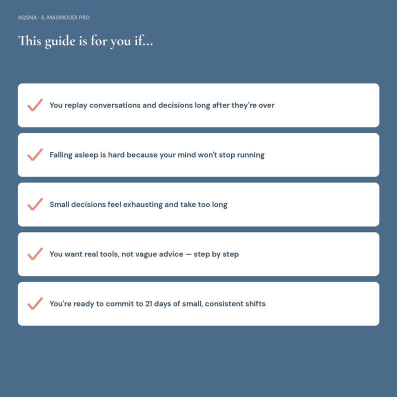 May include: A blue informational graphic titled This guide is for you if... featuring five white horizontal bars. Each bar contains a red checkmark and text describing personal challenges, including replaying conversations and difficulty sleeping.