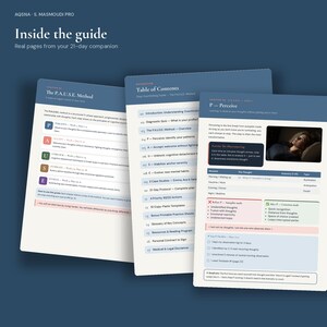 May include: Three pages from a 21-day guide titled AQSNA - S. MASMOUDI PRO. The pages feature a table of contents, the P.A.U.S.E. method overview, and a P-Perceive section with a photograph of a person resting, text, and checkboxes.