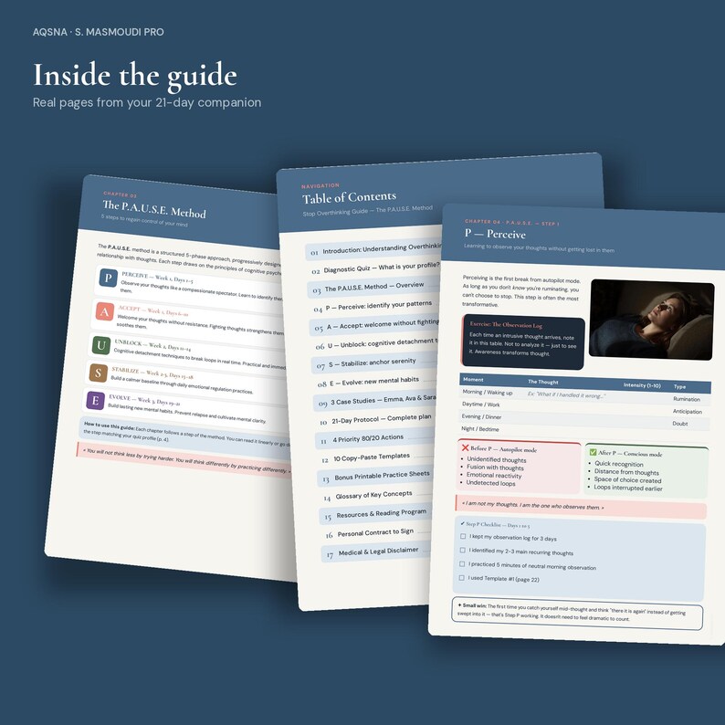 May include: Three pages from a 21-day guide titled AQSNA - S. MASMOUDI PRO. The pages feature a table of contents, the P.A.U.S.E. method overview, and a P-Perceive section with a photograph of a person resting, text, and checkboxes.