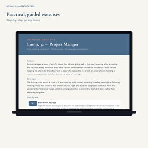 May include: A digital screen displaying a document titled Practical, guided exercises. The content features a case study about Emma, a 32-year-old project manager, detailing her post-meeting rumination, insomnia, and procrastination habits.