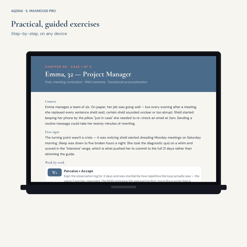 May include: A digital screen displaying a document titled Practical, guided exercises. The content features a case study about Emma, a 32-year-old project manager, detailing her post-meeting rumination, insomnia, and procrastination habits.