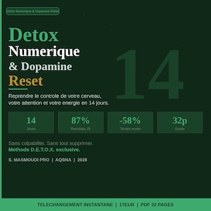 Peut inclure: Visuel vert foncé avec le titre "Detox Numerique & Dopamine Reset" en blanc et jaune. L'image présente le chiffre 14 en grand, ainsi que d'autres données et du texte en français.