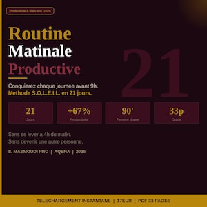 Peut inclure: Visuel marron avec texte promouvant une routine matinale. Le titre est « Routine Matinale Productive ». Il comprend des statistiques sur 21 jours, une augmentation de 67% de la productivité, une fenêtre dorée de 90 minutes et un guide de 33 pages.