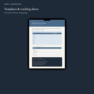 May include: A digital tablet displaying a document titled Printable Practice Sheets. The page includes a weekly P.A.U.S.E. tracker, a technique scoreboard, and a morning mantra section with text. The interface features a dark blue and white colour scheme.