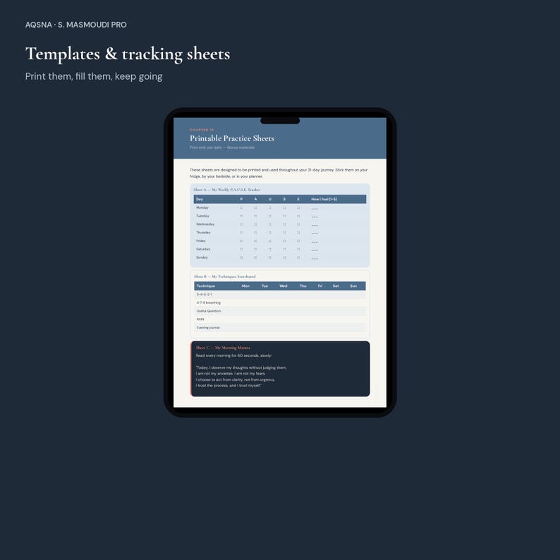May include: A digital tablet displaying a document titled Printable Practice Sheets. The page includes a weekly P.A.U.S.E. tracker, a technique scoreboard, and a morning mantra section with text. The interface features a dark blue and white colour scheme.