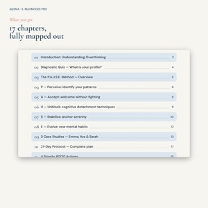 May include: A digital document titled AQSNA S. MASMOUDI PRO featuring a table of contents with 17 chapters. The list includes Introduction: Understanding Overthinking, The P.A.U.S.E. Method, and a 21-Day Protocol, all mapped out with page numbers.