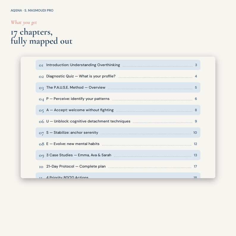 May include: A digital document titled AQSNA S. MASMOUDI PRO featuring a table of contents with 17 chapters. The list includes Introduction: Understanding Overthinking, The P.A.U.S.E. Method, and a 21-Day Protocol, all mapped out with page numbers.