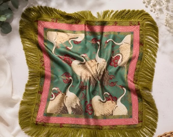 Satin Crane Print Scarf, Elegant Women’s Silk Feel Neck Shawl