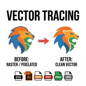 May include: Image illustrating vector tracing, showing a lion logo before and after the process. The text reads "VECTOR TRACING" at the top, with "BEFORE: RASTER / PIXELATED" and "AFTER: CLEAN VECTOR" below. File type icons are at the bottom.