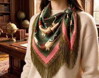 Satin Crane Print Scarf, Elegant Women’s Silk Feel Neck Shawl
