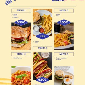 Puede incluir: Un menú de restaurante con la palabra "MENU" en letras azules grandes. El menú presenta varias opciones de hamburguesas, incluyendo hamburguesas, patatas fritas y perritos calientes. Los elementos del menú se muestran con precios.